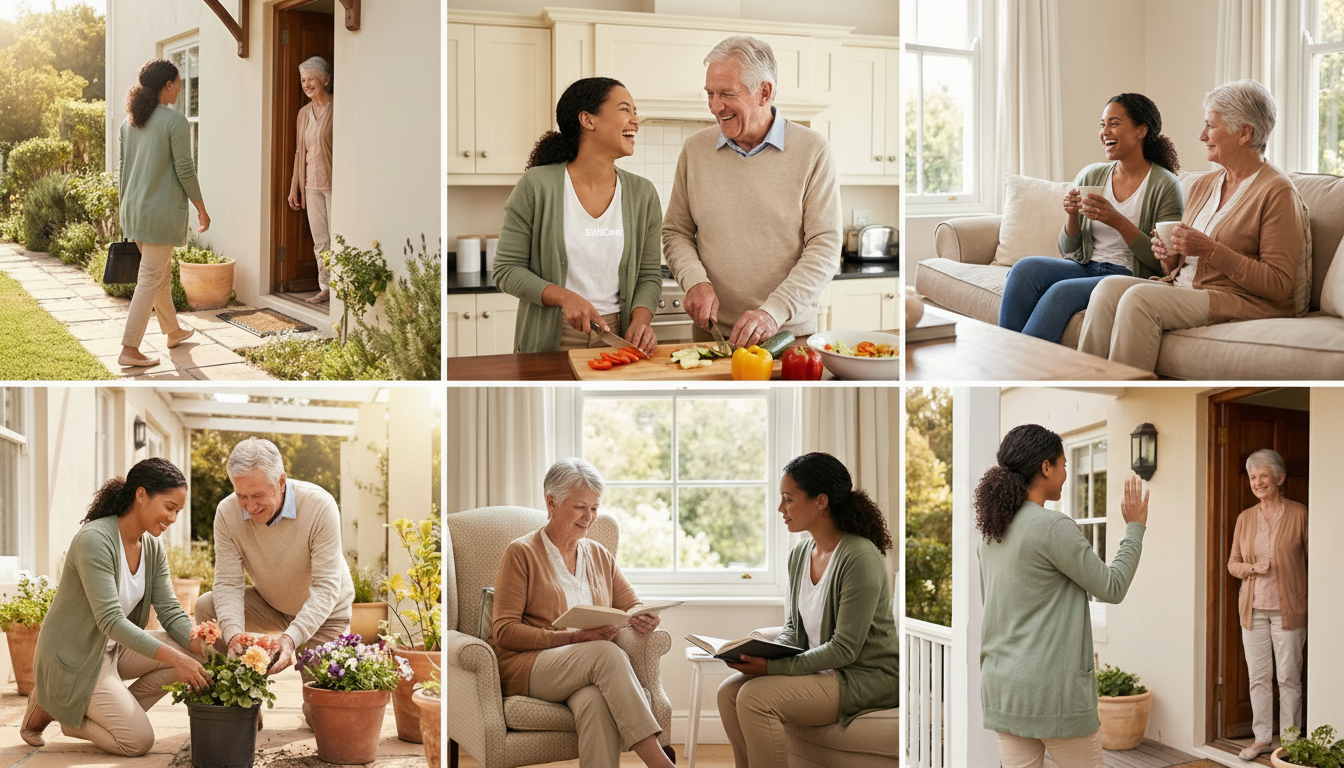 Bloom Home Care caregivers — cooking together, gardening, reading, sharing tea, and greeting clients at home