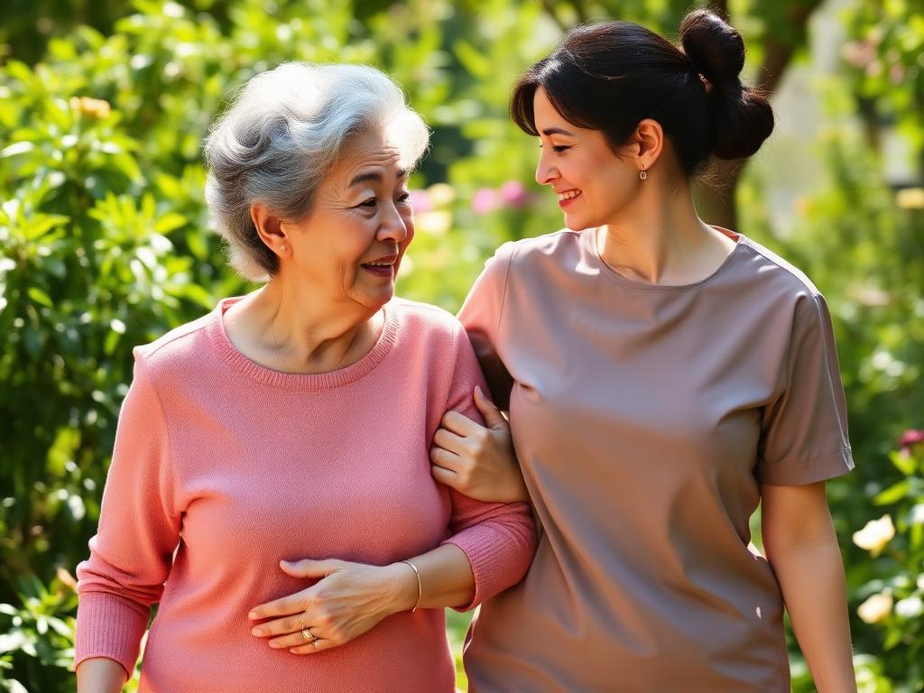 Caregiver and client walking in the garden
