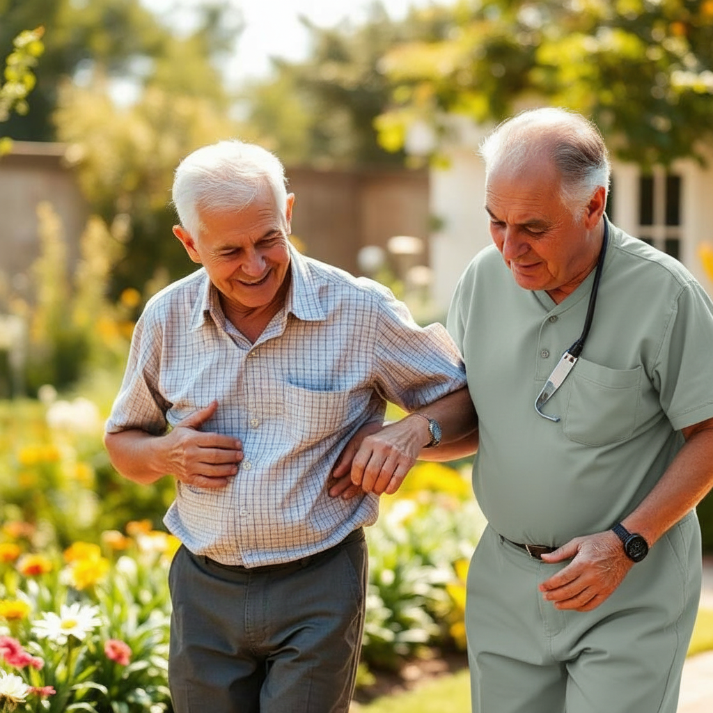 Bloom Home Care caregiver walking alongside a senior in a garden — companion care services in Katy, TX